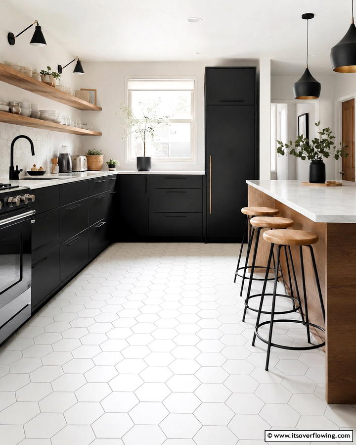 White Hexagon Tiles - 25 White Kitchen Floor Ideas for a Bright Space