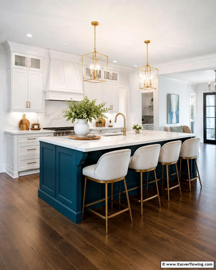 White Island with Teal Base - 25 Teal and White Kitchen Ideas for a Fresh Look