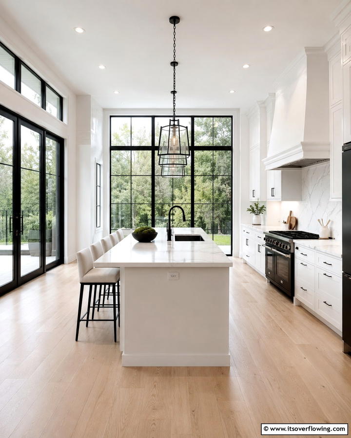 White Kitchen with Black Window Frames - 30 White Kitchen Designs with Bold Black Appliances