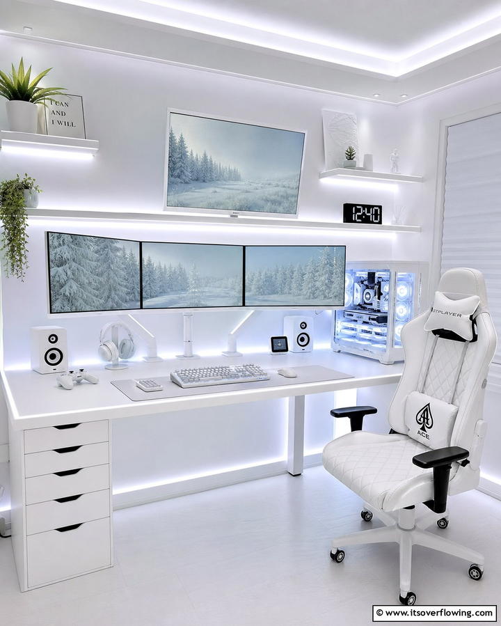White LED Strip Lighting - 25 All White Gaming Setup Ideas for a Sleek Look