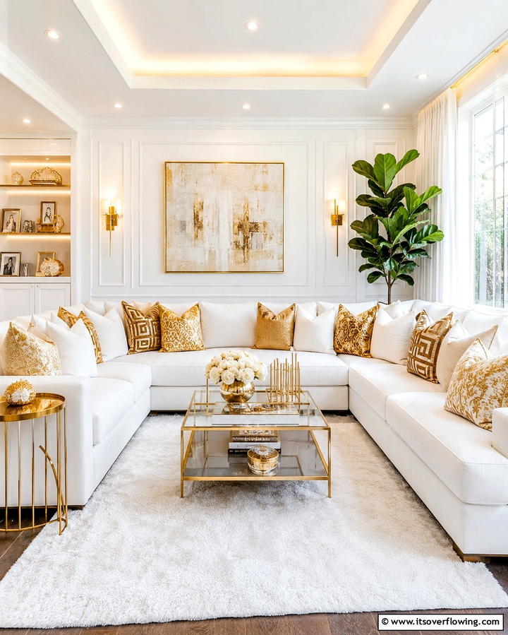 White Marble Coffee Table with Golden Accents - 25 White and Gold Living Room Ideas for Elegance