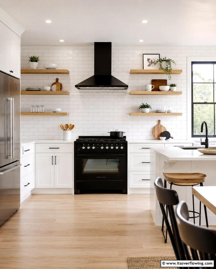 White Marble Countertops with Black Veining - 30 White Kitchen Designs with Bold Black Appliances