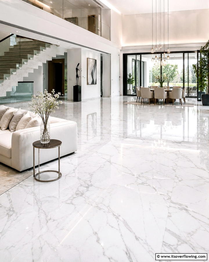White Marble Flooring - 25 White Living Room Ideas for a Timeless Look