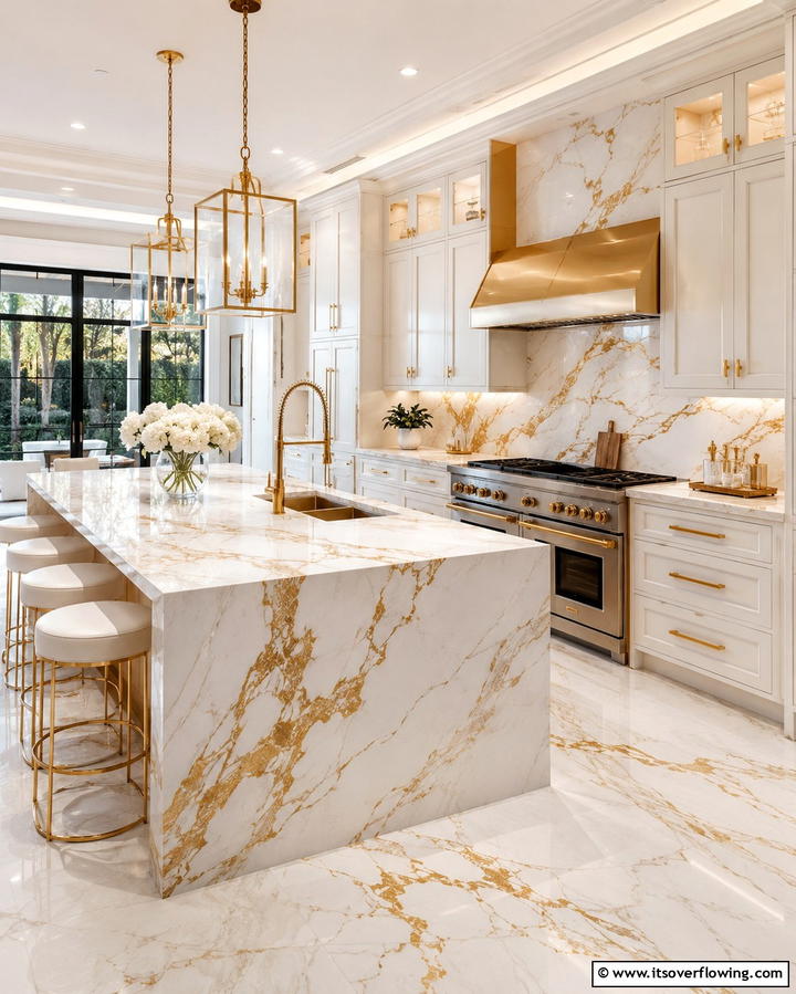 White Marble Slabs with Gold Veining - 25 White and Gold Kitchen Backsplash Ideas for Elegance