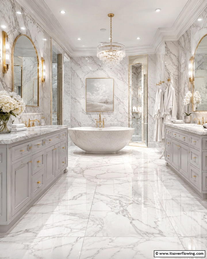 White Marble Tiles for a Luxurious Look - 30 Elegant White Tile Bathroom Design Concepts