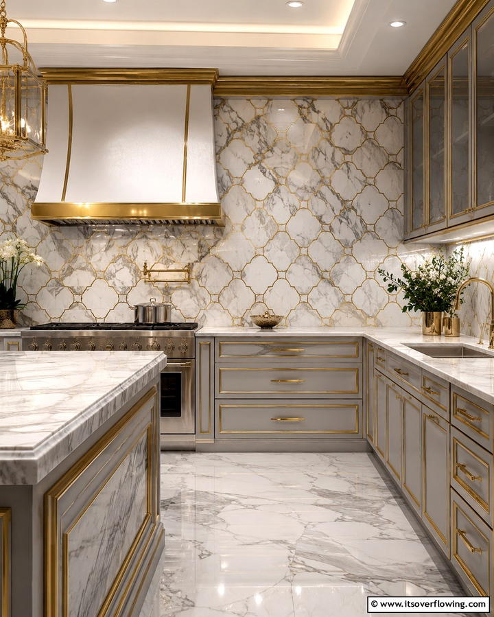 White Marble Tiles with Gold Inlays - 25 White and Gold Kitchen Backsplash Ideas for Elegance