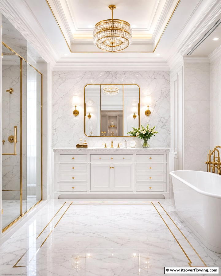 White Marble Vanity with Gold Fixtures - 25 White and Gold Bathroom Ideas for a Luxurious Look