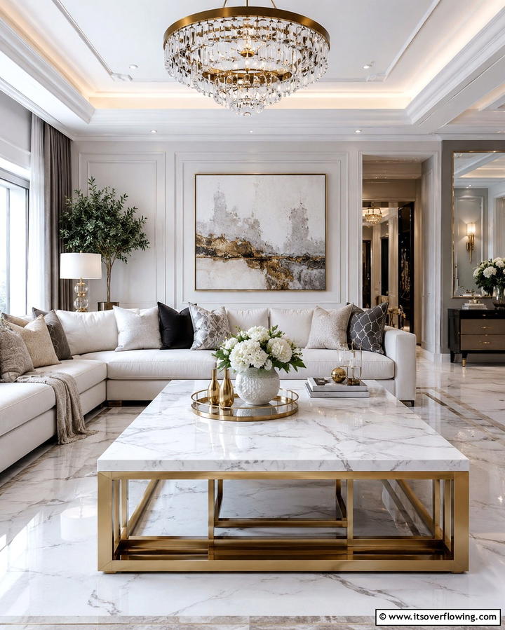 White Marble and Gold Tables - 25 White and Gold Living Room Ideas for Elegance