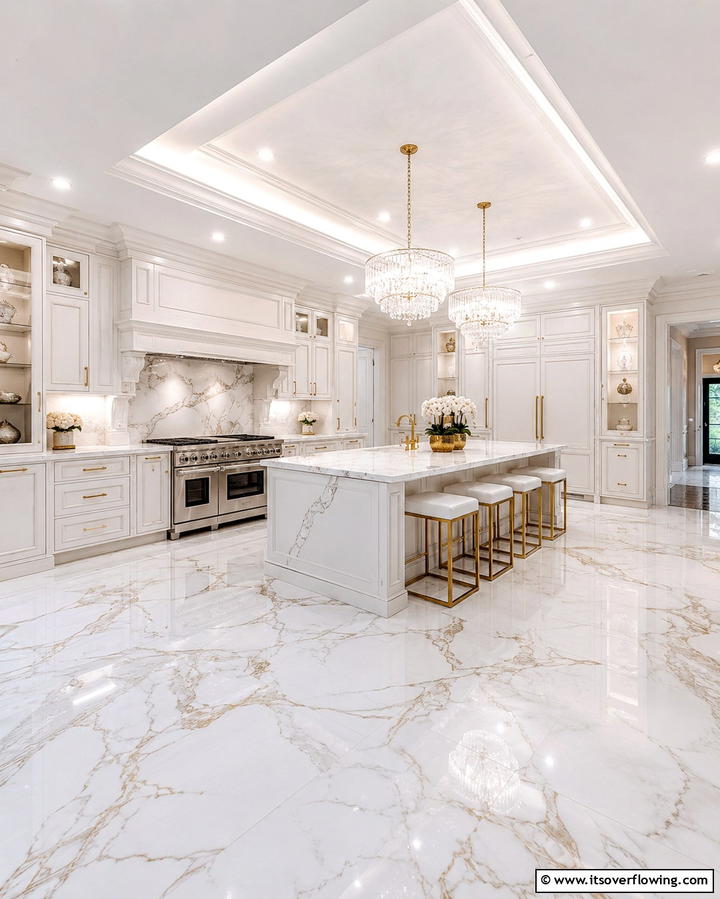 White Marble for Luxurious Sophistication - 25 White Kitchen Floor Ideas for a Bright Space