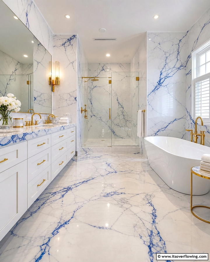 White Marble with Blue Veins - 25 Blue and White Bathroom Ideas for a Fresh Look