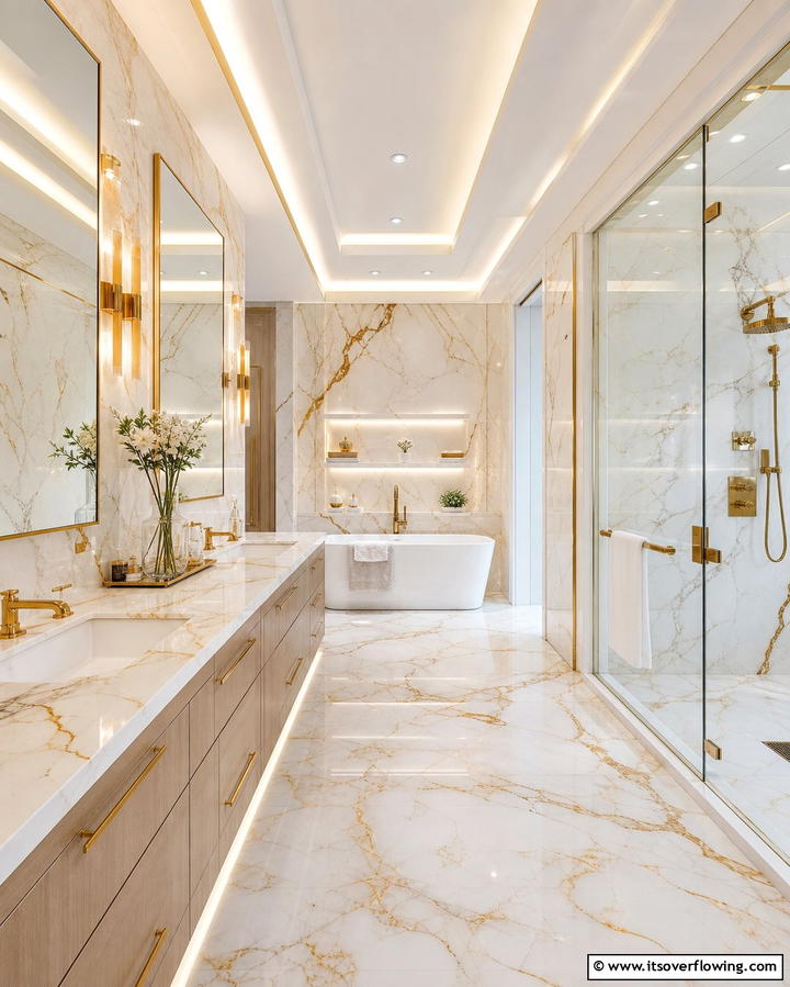 White Marble with Gold Veins - 25 White and Gold Bathroom Ideas for a Luxurious Look