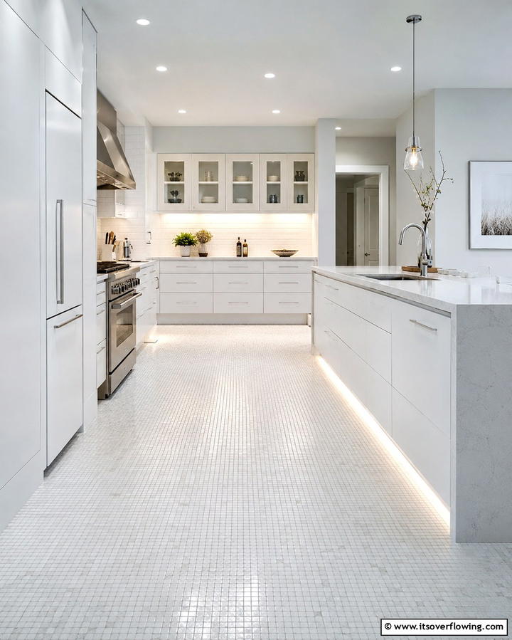 White Mosaic Tiles - 25 White Kitchen Floor Ideas for a Bright Space