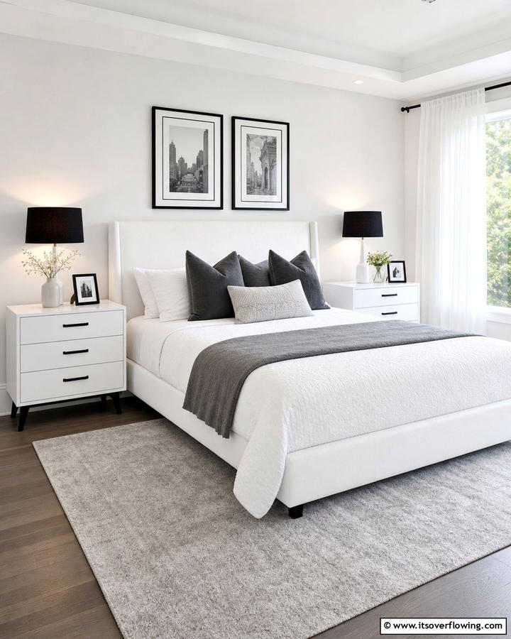 White Nightstands with Black Details - 20 Feminine Black and White Bedroom Ideas for Elegance