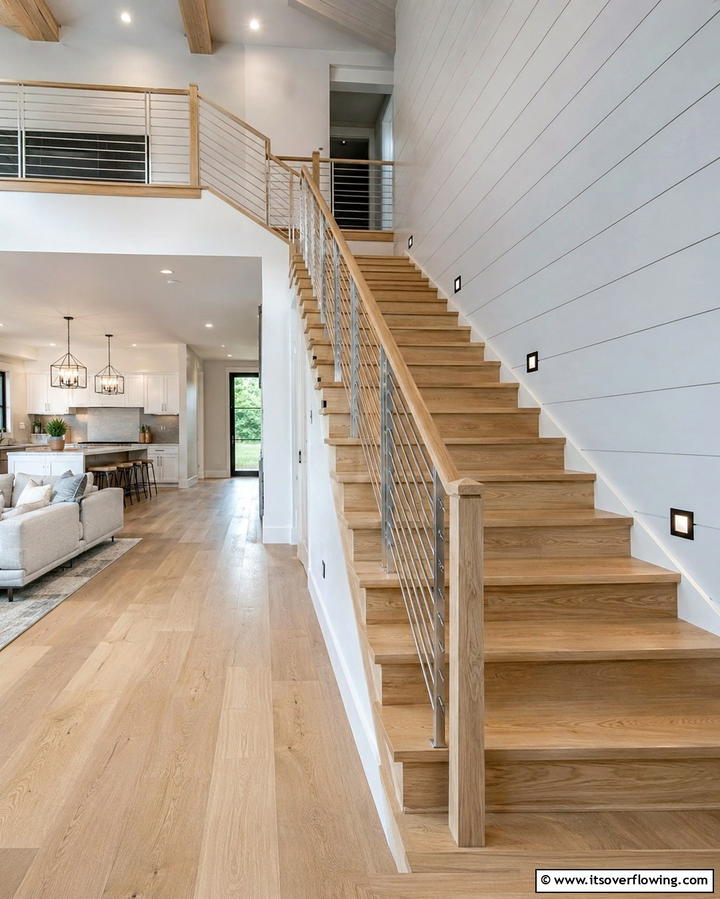 White Oak Staircase with Metal Balusters - 20 White Oak Staircase Ideas for a Modern and Warm Home