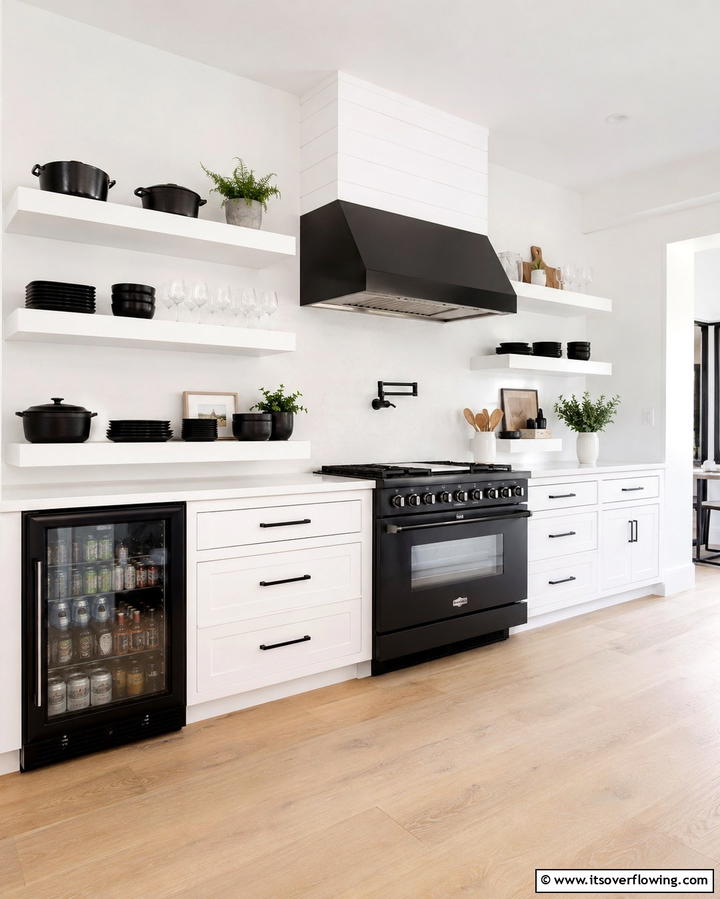 White Open Shelving with Black Accents - 30 White Kitchen Designs with Bold Black Appliances