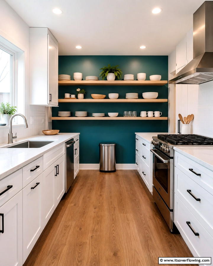 White Open Shelving with Teal Backdrop - 25 Teal and White Kitchen Ideas for a Fresh Look