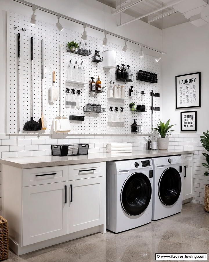 White Pegboard Organizer - 20 White Laundry Room Ideas for a Clean and Bright Space