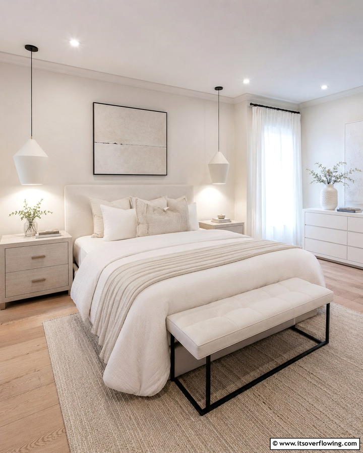 White Pendant Lighting for Modern Flair - 20 White and Cream Bedroom Ideas for a Serene Retreat