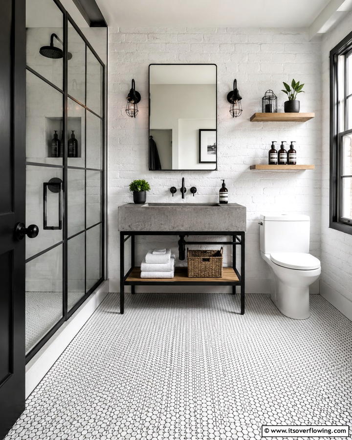 White Penny Tile with Dark Grout - 25 Penny Tile Bathroom Floor Ideas for a Unique Look