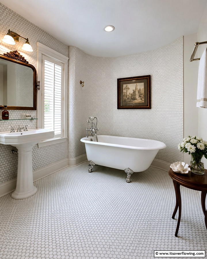 White Penny Tiles for Retro Charm - 30 Elegant White Tile Bathroom Design Concepts