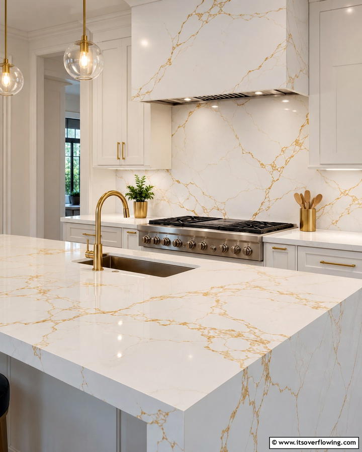 White Quartz Slabs with Gold Veining - 25 White and Gold Kitchen Backsplash Ideas for Elegance