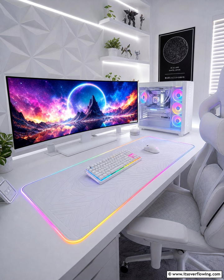 White RGB Mouse Pad - 25 All White Gaming Setup Ideas for a Sleek Look