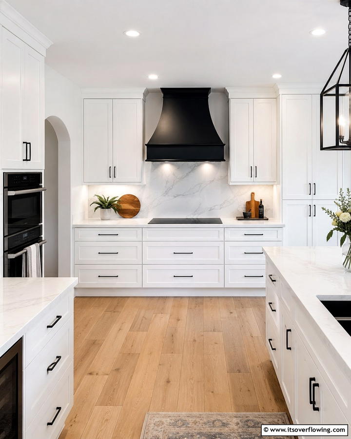 White Shaker Cabinets with Black Cooktops - 30 White Kitchen Designs with Bold Black Appliances