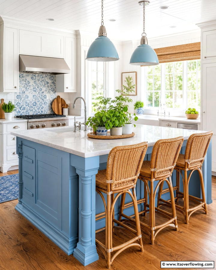 White Shaker Cabinets with a Light Blue Island - 25 White Kitchen Cabinets With Blue Island Ideas