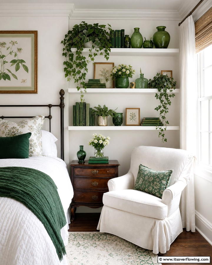 White Shelves with Green Decor - 25 Green and White Bedroom Ideas for Serenity