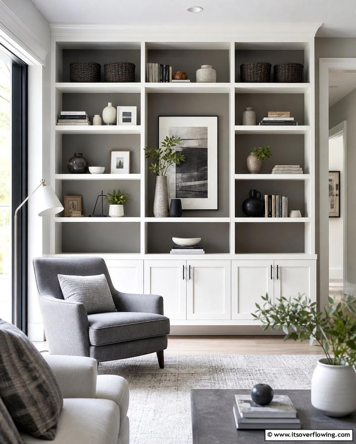White Shelves with Grey Accents - 25 Grey and White Living Room Ideas for Modern Homes
