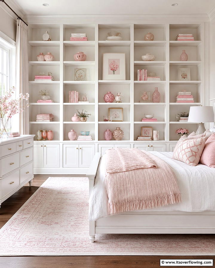White Shelves with Pink Decor - 25 Pink and White Bedroom Ideas for a Fresh and Airy Look