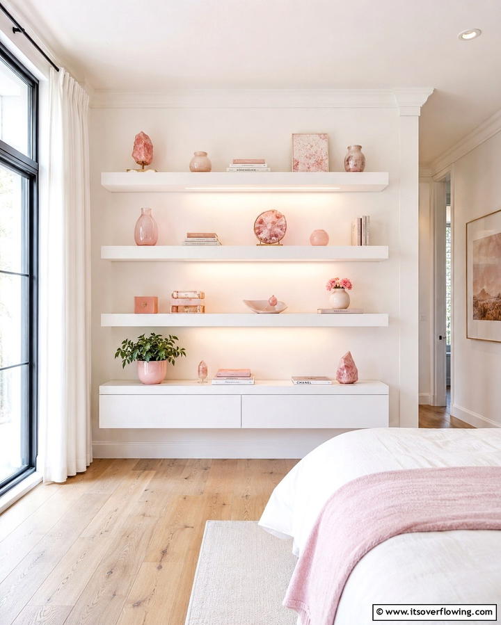 White Shelving with Pink Decor - 25 Pink and White Bedroom Ideas for a Fresh and Airy Look
