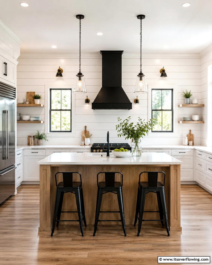 White Shiplap Walls for Texture - 30 White Kitchen Designs with Bold Black Appliances
