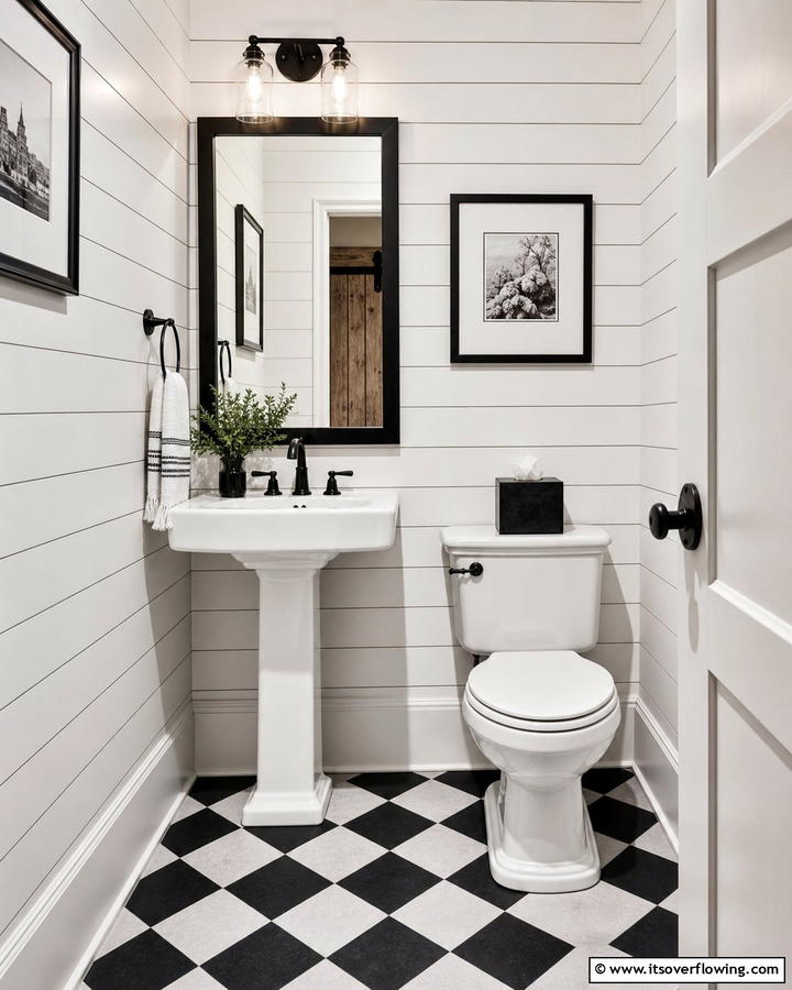White Shiplap Walls with Black Accents - 20 Black and White Powder Room Ideas for a Classic Style