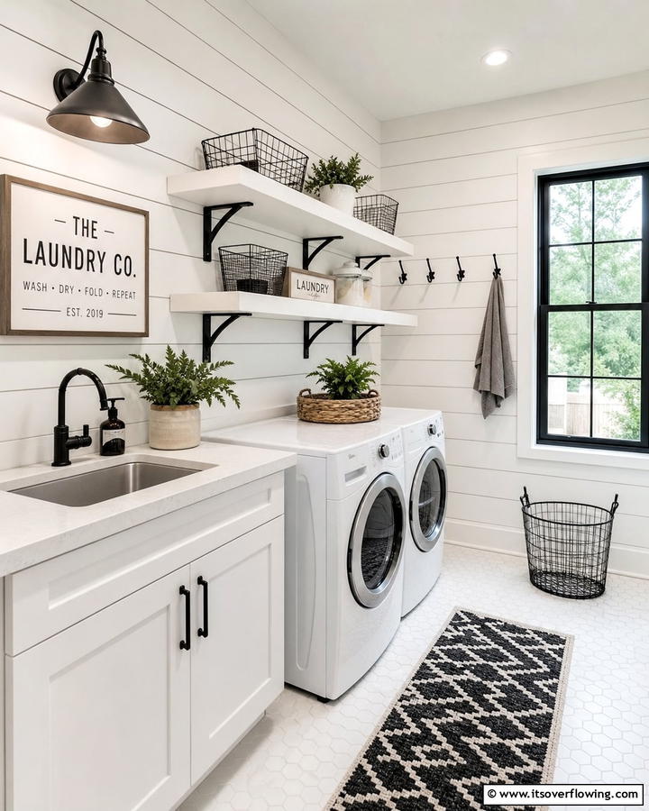White Shiplap Walls with Black Accents - 20 Black and White Laundry Room Ideas for Style