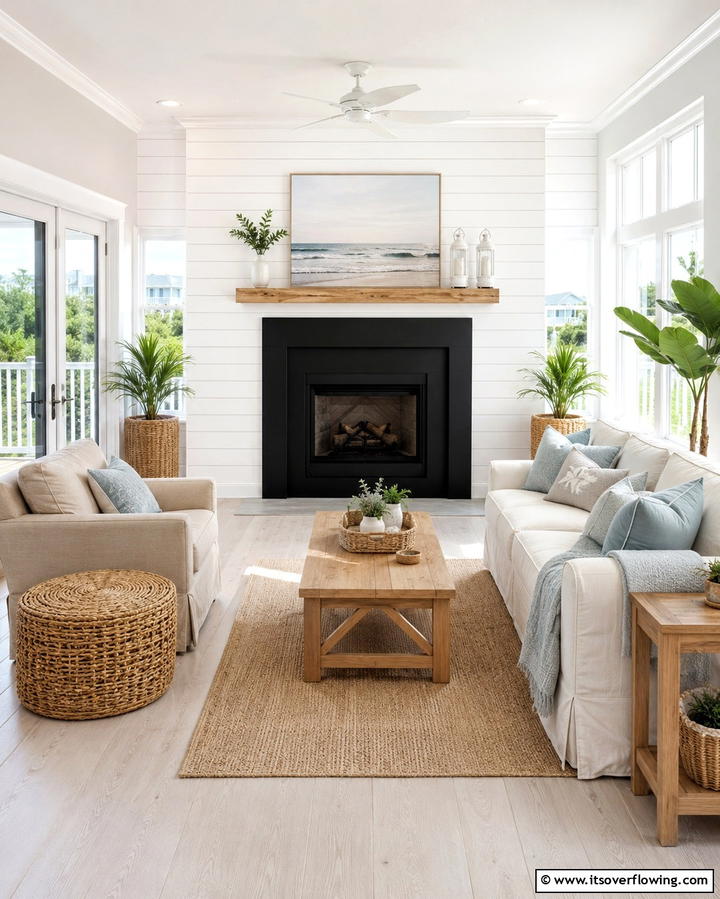 White Shiplap with Black Fireplace Frame - 25 Black and White Fireplace Ideas for Timeless Elegance