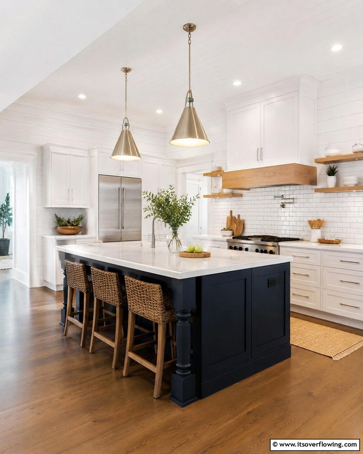 White Shiplap with a Contrasting Island - 20 Kitchen Shiplap Ideas with Kitchen Island Designs