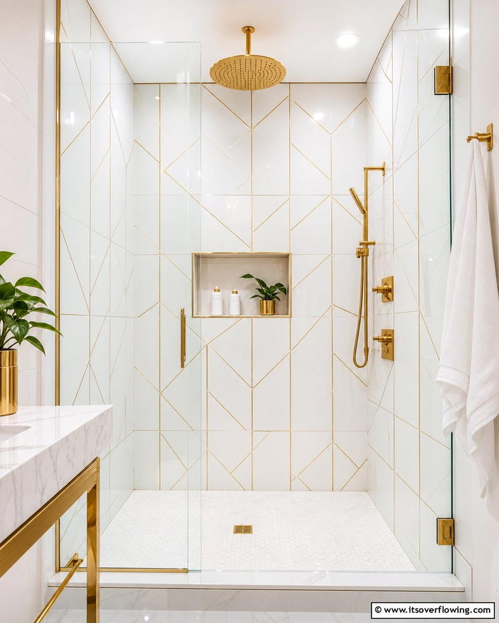 White Shower Tiles with Gold Grout - 25 White and Gold Bathroom Ideas for a Luxurious Look