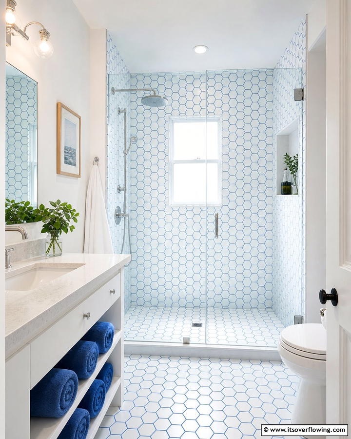 White Shower with Blue Grout - 25 Blue and White Bathroom Ideas for a Fresh Look