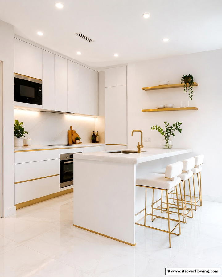 White Slab Cabinets with Subtle Gold Finger Pulls - 20 White Kitchen Cabinets With Gold Hardware Ideas