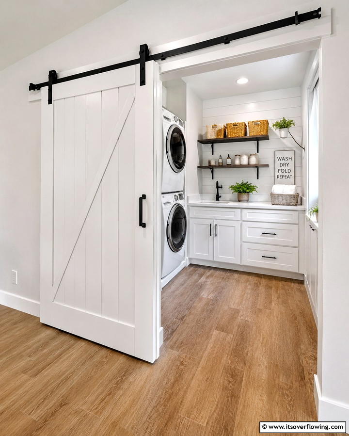 White Sliding Barn Door - 20 White Laundry Room Ideas for a Clean and Bright Space