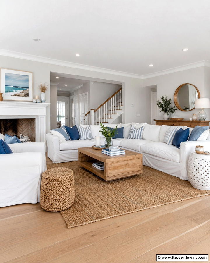 White Slipcovered Sofas - 30 Hamptons Living Room Ideas for Coastal-Inspired Elegance