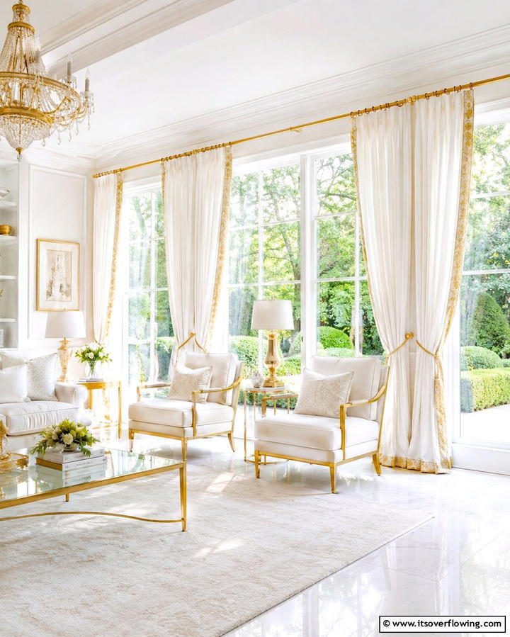 White Sofa with Gold Trim - 25 White and Gold Living Room Ideas for Elegance