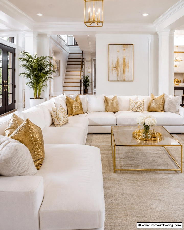 White Sofas with Gold Throw Pillows for Comfort and Style - 25 White and Gold Living Room Ideas for Elegance