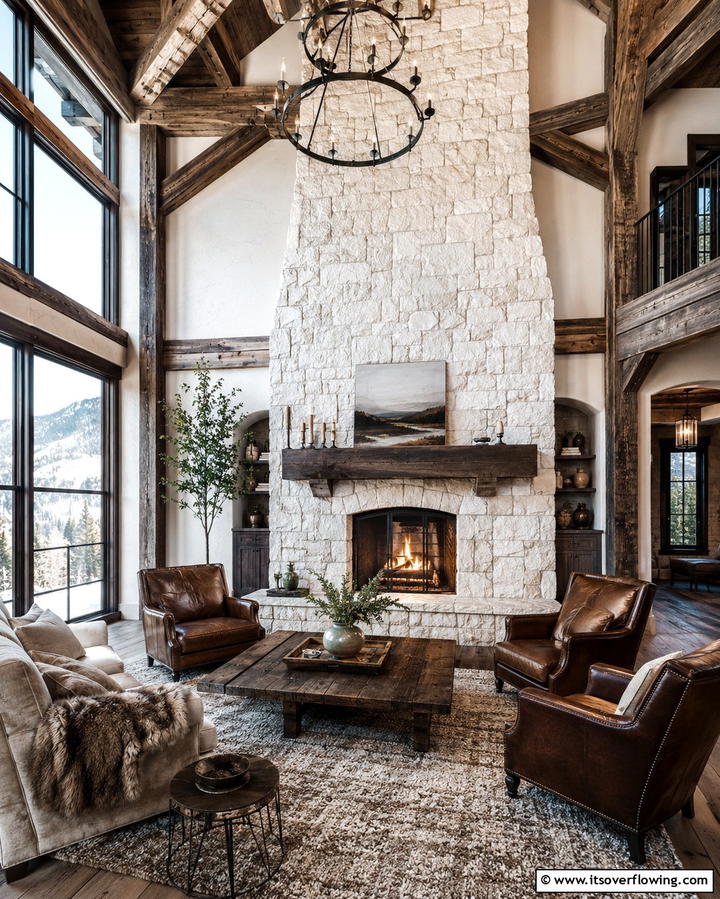 White Stone Fireplace with Rustic Appeal - 25 White Fireplace Ideas to Warm Up Your Living Room