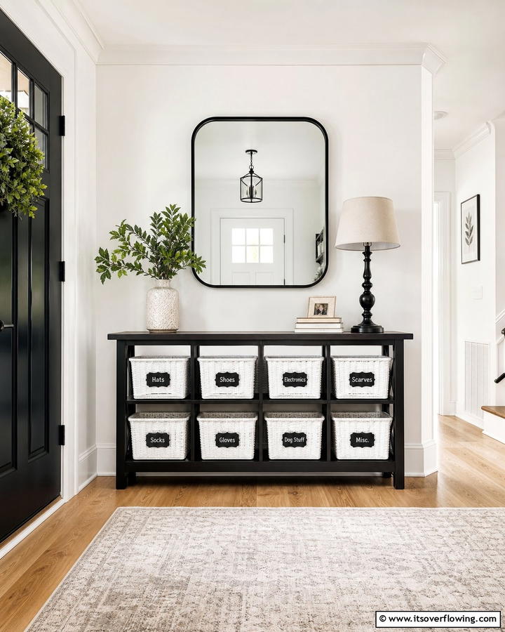 White Storage Baskets with Black Labels - 20 Black and White Entryway Design Ideas for a Chic Look