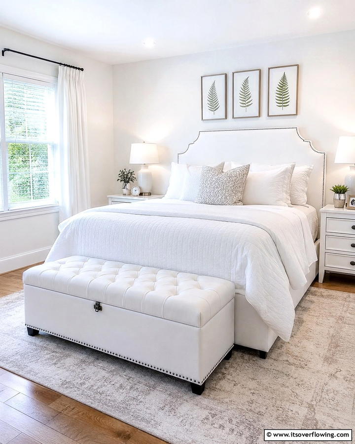 White Storage Bench for Dual Functionality - 20 Bright Small White Bedroom Design Ideas
