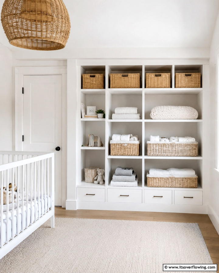 White Storage Solutions with Baskets - 25 White Nursery Ideas for a Calming Baby Room