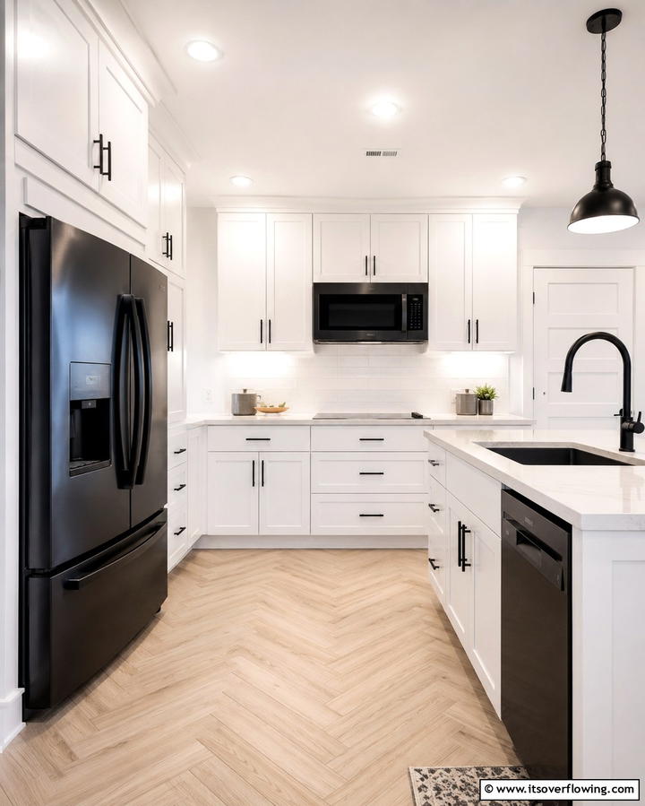 White Subway Tile Backsplash - 30 White Kitchen Designs with Bold Black Appliances