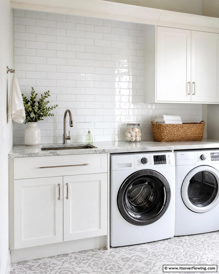 White Subway Tile Backsplash - 20 White Laundry Room Ideas for a Clean and Bright Space